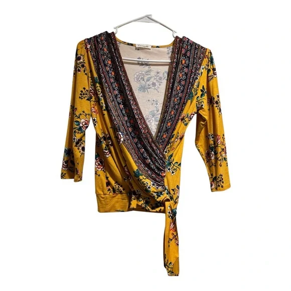 Loveappella Mustard Floral Wrap Top | Boho Tie Blouse - Picture 3 of 7